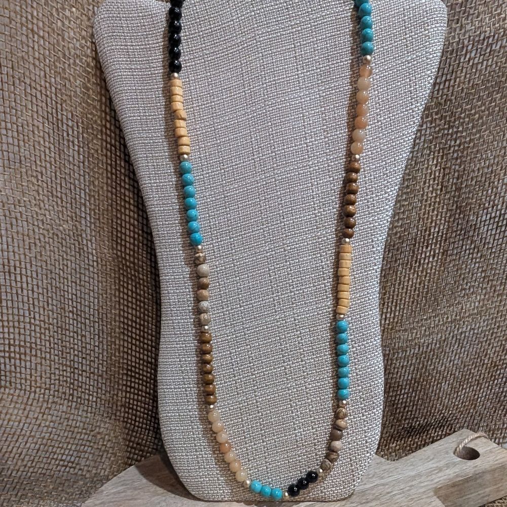 Southwest Boho  Stone Wood Long Necklace 32" Turquoise Brown Black Gold Tone